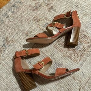 C. Wonder Wood Block Heel Strappy Sandals